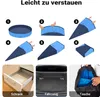 Diagrams showing how to fold a dog pool, followed by images of the folded pool stored in a drawer, car trunk, and backpack. Produktbild-Vorschau