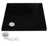 A black square shower tray with a silver drain cover and a separate white drain assembly. Podgląd zdjęcia produktu