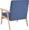 A blue fabric armchair with wooden legs and armrests, shown from the back. Podgląd zdjęcia produktu