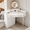 A white corner vanity table with a lighted mirror and various makeup products on it. Podgląd zdjęcia produktu