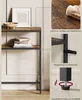 A narrow console table with two shelves, decorated with a bowl and books on the top shelf. The image also includes close-ups of the table's features, such as its easy-to-clean surface, anti-tip hardware, and adjustable feet. Produktbild-Vorschau
