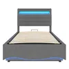 A bed frame with a headboard and integrated LED lighting, shown from the front with the mattress base visible. Produktbild-Vorschau
