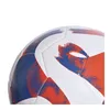 A close-up view of a soccer ball with a white base and abstract red and blue markings. Produktbild-Vorschau