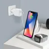 A white charging station with a smartphone and smartwatch charging on it, next to a white wall outlet with a charger plugged in. Produktbild-Vorschau