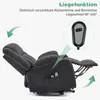 A dark gray recliner chair is shown in a reclined position, with a close-up of its remote control and a pocket on the side. Produktbild-Vorschau