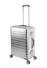 A silver aluminum suitcase with a retractable handle and wheels, shown against a white background. Náhled obrázku produktu