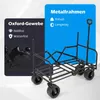A marketing image showcasing a black foldable garden wagon with text overlays highlighting its features. Produktbild-Vorschau
