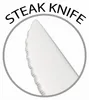 A close-up of a white steak knife with a serrated edge, inside a grey circle, with text above. Anteprima dell’immagine prodotto