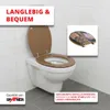 A toilet with a brown toilet seat is shown, with a close-up of a decorative toilet seat in the upper right corner. Text overlays describe product features and quality. Produktbild-Vorschau