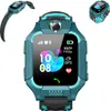 A teal smartwatch with a black strap is displayed against a white background. The watch face shows the time, date, temperature, and a heart rate reading. Two smaller images of the smartwatch are also visible in the top left and top right corners. Produktbild-Vorschau