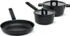 A set of black cookware, including a frying pan and two saucepans with lids, is displayed against a white background. Podgląd zdjęcia produktu