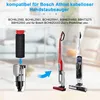 An illustration showing how to insert a filter into a vacuum cleaner component, with two vacuum cleaners in the background. Produktbild-Vorschau
