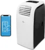 A portable air conditioner unit is shown next to a smartphone displaying an app control interface. Produktbild-Vorschau