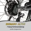 A close-up view of the rear derailleur and cassette of an electric bicycle, with marketing text overlayed at the bottom. Produktbild-Vorschau