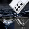 A clear phone case is shown in a dynamic setting, with graphics illustrating its protective features. Produktbild-Vorschau