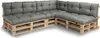 A sectional sofa made from wooden pallets with gray cushions. Produktbild-Vorschau