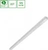 A white linear LED light fixture is shown diagonally against a white background. Above the light fixture are three green squares with white text and symbols. Produktbild-Vorschau