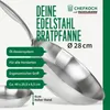 A close-up marketing image of a stainless steel frying pan with descriptive text and logos. Produktbild-Vorschau