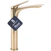 A high-rise bathroom faucet in a brushed gold finish, with a warranty tag attached. Anteprima dell’immagine prodotto
