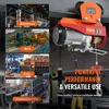 A collage of images showing different industrial settings where a hoist trolley can be used, alongside a close-up of the hoist trolley itself. Anteprima dell’immagine prodotto