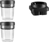 Two clear glass containers with black lids and a black blender attachment are shown against a white background. Voir les images du produit