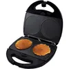 A black waffle maker with two waffles inside. Produktbild-Vorschau