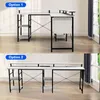 Two different configurations of a white L-shaped desk with black metal legs and shelving, presented as options. Náhled obrázku produktu