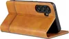 A close-up side view of a yellow leather flip case for a smartphone, showing the camera array. Produktbild-Vorschau