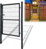 A black metal garden gate is shown in the foreground, with a smaller inset image showing the gate installed in a fence leading to a house entrance. Produktbild-Vorschau