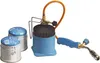 A gas torch set with two gas cartridges, a blue gas tank, and a blue-handled torch with an orange hose, all on a white background. Voir les images du produit
