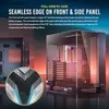 A marketing image showcasing a PC case with a focus on its seamless edge design, featuring a close-up inset of the edge detail and a rendered view of the PC case with internal components. Voir les images du produit