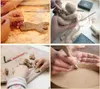 A collage of four images showing hands working with clay, demonstrating pottery and sculpting techniques. Produktbild-Vorschau