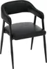 A black leather dining chair with a metal frame, shown from a three-quarter angle against a white background. Náhled obrázku produktu