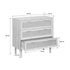 A white wooden dresser with rattan drawer fronts, shown with one drawer pulled out and dimensions indicated. Produktbild-Vorschau