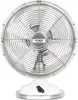 A close-up, front-facing view of a silver and white desk fan with a retro design. Produktbild-Vorschau