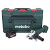 A Metabo angle grinder, battery, and storage case are displayed on a white background. Podgląd zdjęcia produktu