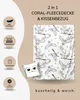 A product image featuring a blanket and pillow with a cartoon owl print, along with descriptive text and icons. Produktbild-Vorschau