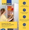 A woman is reaching into a refrigerator, with product information and icons displayed alongside. Voir les images du produit