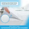 A hand is shown adjusting a mattress topper on a bed, highlighting its features. Produktbild-Vorschau