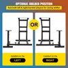 Two configurations of a racing wheel stand are shown, illustrating optional holder positions for left and right-handed players. Produktbild-Vorschau