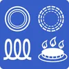 Four white icons on a blue background, representing different types of stovetop heating elements. Produktbild-Vorschau