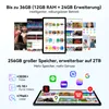 Marketing image showing a tablet displaying various apps and content, with text highlighting its RAM and storage capabilities. Voir les images du produit