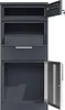 A dark gray parcel mailbox with its lower door open, revealing the interior. The mailbox has multiple compartments and a silver handle. Produktbild-Vorschau