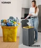 Vorher-Nachher-Vergleich: ein gelber Behälter, der mit Plastikflaschen überläuft, neben einem grauen Stoffkorb, während eine Frau ordentlich Müll entsorgt Náhľad obrázku produktu