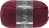 A ball of burgundy yarn with a label on it. Produktbild-Vorschau