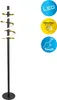 A black floor lamp with a spiral LED light element and three informational icons on the right side. Produktbild-Vorschau
