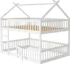 A white wooden bunk bed with a house-shaped frame and a ladder. Produktbild-Vorschau