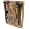 A wooden wall cabinet with a sliding barn door and shelves, displaying bottles of toiletries. Náhled obrázku produktu