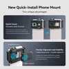 Marketing image showing a phone mount with a microscope lens attached, highlighting its features. Produktbild-Vorschau