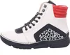 A side view of a single white and red Rieker women's boot with black accents and an animal print detail. Náhled obrázku produktu